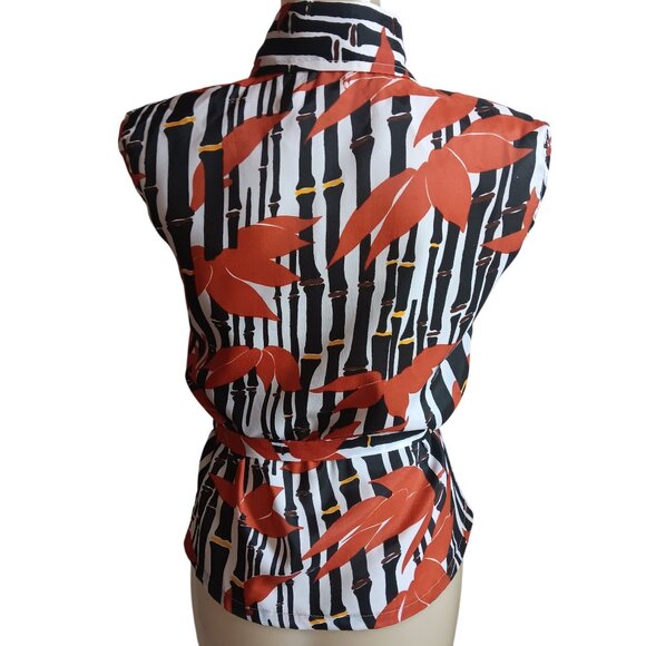 Women's Medium Vintage 70's Sleeveless Button-Up Floral Stripe Print Polyester - Picture 4 of 6